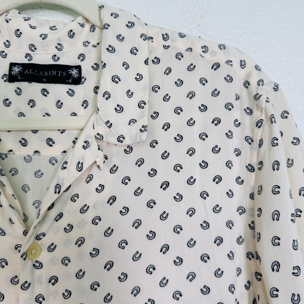 AllSaints Shirt Mens Medium Horseshoe Print Lucky Camp Collar Soft Button Up - Picture 6 of 10